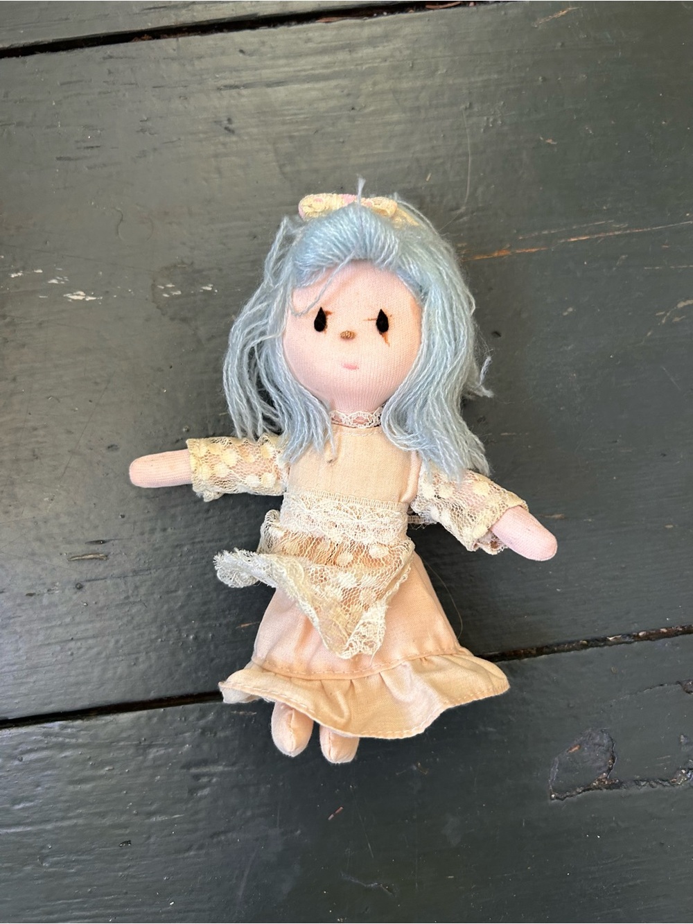 Russ Berrie Priscilla Soft Cloth Doll 1979 Blue Yarn Hair Pink Dress